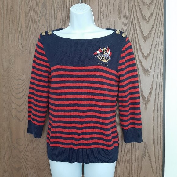 Lauren Jeans Co Ralph Lauren Red Black Stripe Anchor Sweater Medium Gold Buttons - Picture 1 of 7
